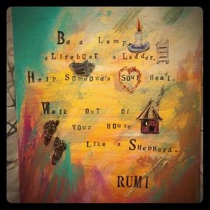 Hand painted/ stitched art with Rumi quote